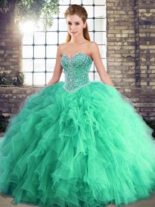 Gorgeous Turquoise Ball Gowns Sweetheart Sleeveless Tulle Floor Length Lace Up Beading and Ruffles Quinceanera Dress