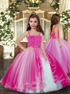 Lilac Ball Gowns Tulle Straps Sleeveless Beading Floor Length Lace Up Little Girls Pageant Dress Wholesale