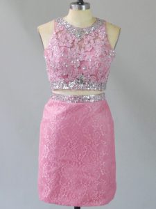 Baby Pink Two Pieces Lace Scoop Sleeveless Beading Mini Length Zipper Prom Dresses