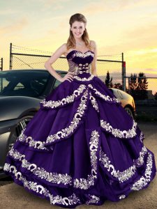 Purple Ball Gowns Sweetheart Sleeveless Satin and Taffeta Lace Up Embroidery and Ruffled Layers Vestidos de Quinceanera