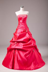 Inexpensive Hot Pink Ball Gowns Beading and Appliques Quince Ball Gowns Lace Up Taffeta Sleeveless Floor Length
