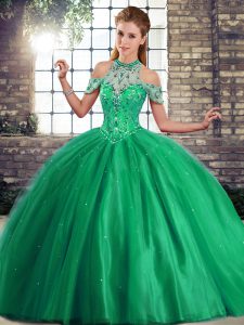 Green 15th Birthday Dress Military Ball and Sweet 16 and Quinceanera with Beading Halter Top Sleeveless Brush Train Lace