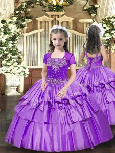 Eye-catching Floor Length Lace Up Girls Pageant Dresses Lavender for Party and Wedding Party with Beading and Ruffled La