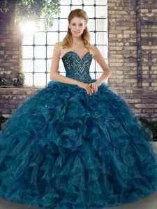 Customized Teal Ball Gowns Beading and Ruffles Sweet 16 Quinceanera Dress Lace Up Organza Sleeveless Floor Length
