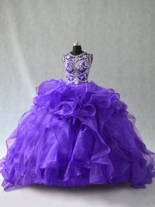 Enchanting Purple Ball Gowns Organza Scoop Sleeveless Beading and Ruffles Floor Length Lace Up Sweet 16 Dress
