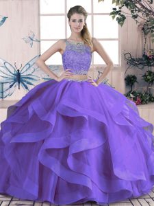 Purple Two Pieces Beading and Ruffles Sweet 16 Dress Lace Up Tulle Sleeveless Floor Length
