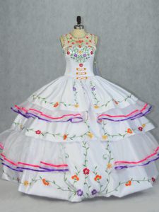 Organza and Taffeta Scoop Sleeveless Lace Up Embroidery and Ruffled Layers 15th Birthday Dress in White
