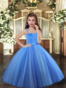 Blue and Yellow And White Tulle Lace Up Straps Sleeveless Floor Length Little Girl Pageant Gowns Beading