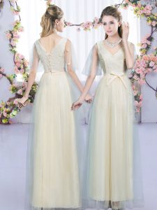 Admirable V-neck Sleeveless Lace Up Bridesmaid Gown Champagne Tulle