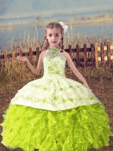Floor Length Yellow Green Child Pageant Dress Halter Top Sleeveless Lace Up