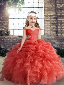 Stunning Coral Red Straps Neckline Beading and Ruffles and Pick Ups Little Girls Pageant Dress Sleeveless Lace Up