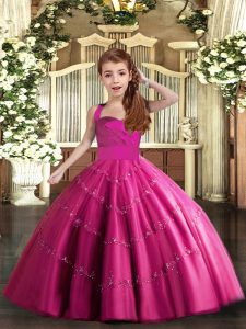 Sleeveless Tulle Floor Length Lace Up Little Girls Pageant Dress in Fuchsia with Beading