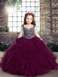Sleeveless Tulle Floor Length Lace Up Pageant Gowns For Girls in Purple with Beading and Ruffles