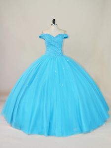 Shining Floor Length Blue Quinceanera Gowns Off The Shoulder Sleeveless Lace Up