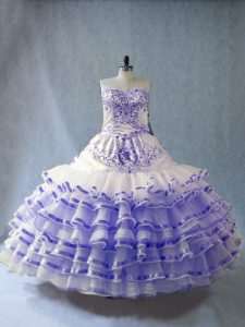 Sleeveless Organza Floor Length Lace Up Sweet 16 Dress in Lavender with Embroidery and Ruffled Layers