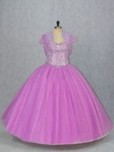 Ideal Lilac Ball Gowns Sweetheart Sleeveless Tulle Floor Length Lace Up Beading Ball Gown Prom Dress