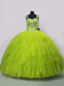 Sleeveless Tulle Floor Length Lace Up Vestidos de Quinceanera in Yellow Green with Beading and Ruffles