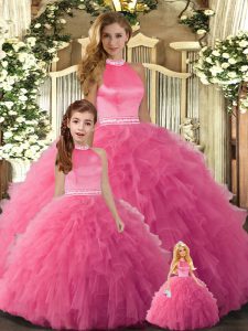 Hot Pink Sleeveless Tulle Backless Vestidos de Quinceanera for Sweet 16 and Quinceanera