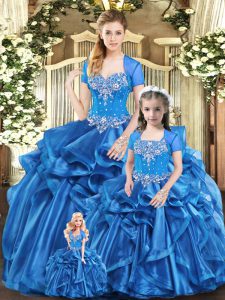 Delicate Blue Sleeveless Floor Length Beading and Ruffles Lace Up Quinceanera Gown