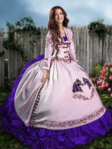 Designer White And Purple Ball Gowns Satin Sweetheart Sleeveless Embroidery and Ruffles Floor Length Lace Up Sweet 16 Dr