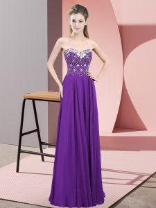 Sleeveless Chiffon Floor Length Zipper Prom Evening Gown in Purple with Beading