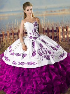 Most Popular Floor Length White And Purple Sweet 16 Dresses Sweetheart Sleeveless Lace Up