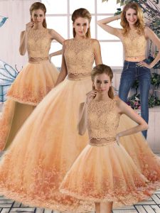 Low Price Gold and Peach 15 Quinceanera Dress Scalloped Sleeveless Sweep Train Backless