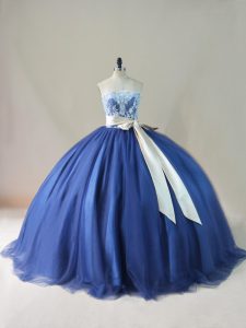 Navy Blue Scoop Lace Up Appliques and Sashes ribbons and Bowknot Quinceanera Gown Brush Train Sleeveless
