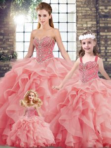 Chic Sweetheart Sleeveless Quinceanera Dresses Brush Train Beading and Ruffles Watermelon Red Tulle