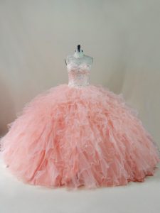Peach Tulle Lace Up Sweet 16 Quinceanera Dress Sleeveless Floor Length Beading and Ruffles