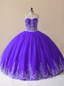Dazzling Purple Sleeveless Floor Length Embroidery Lace Up Sweet 16 Dress