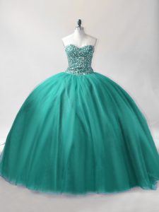 Beading Vestidos de Quinceanera Turquoise Lace Up Sleeveless Floor Length