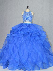 New Style Blue Sweet 16 Quinceanera Dress Sweet 16 and Quinceanera with Beading and Ruffles Halter Top Sleeveless Court 