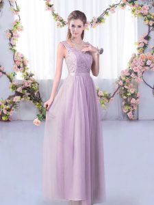 Lace and Belt Wedding Party Dress Lavender Side Zipper Sleeveless Floor Length