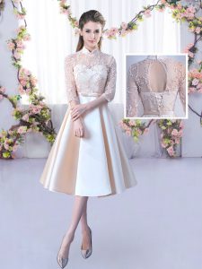 Great Lace and Belt Dama Dress Champagne Lace Up Half Sleeves Tea Length