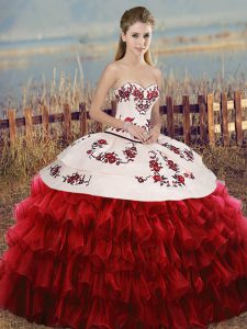 Sweetheart Sleeveless Sweet 16 Dress Floor Length Embroidery and Ruffled Layers and Bowknot White And Red Organza