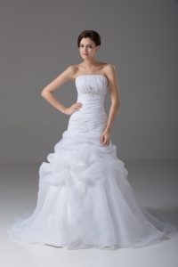 Organza Strapless Sleeveless Brush Train Lace Up Beading and Pick Ups Wedding Dresses in White