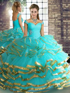 Best Aqua Blue Lace Up Sweet 16 Dress Beading and Ruffled Layers Sleeveless Floor Length