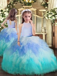 Multi-color Ball Gowns High-neck Sleeveless Tulle Floor Length Backless Beading and Ruffles Little Girls Pageant Dress W
