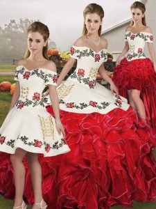Free and Easy White And Red Lace Up Quince Ball Gowns Embroidery and Ruffles Sleeveless Floor Length