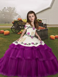 Floor Length Purple Little Girl Pageant Gowns Tulle Sleeveless Embroidery and Ruffled Layers