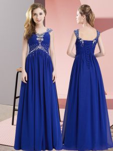 Simple Royal Blue Straps Lace Up Beading Dress for Prom Sleeveless