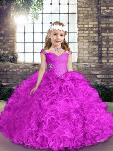Floor Length Ball Gowns Sleeveless Fuchsia Pageant Dresses Lace Up