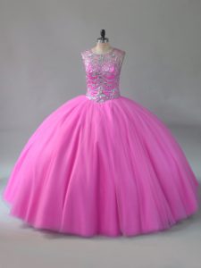 Flirting Rose Pink Scoop Lace Up Beading Sweet 16 Dresses Sleeveless
