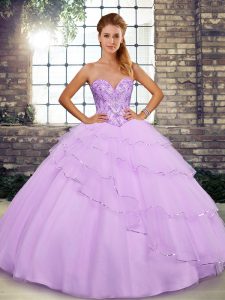 Custom Designed Beading and Ruffled Layers Quinceanera Gown Lilac Lace Up Sleeveless Brush Train
