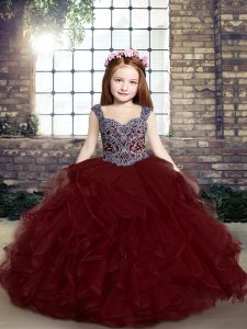Burgundy Straps Lace Up Beading and Ruffles Little Girl Pageant Gowns Sleeveless