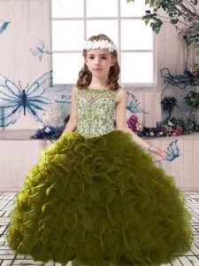 Custom Fit Olive Green Scoop Neckline Beading and Ruffles Pageant Dress for Girls Sleeveless Lace Up