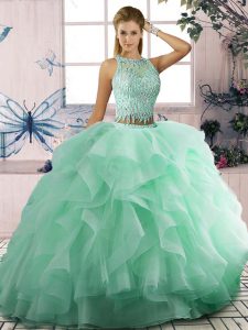 Glittering Apple Green Ball Gowns Beading and Ruffles Sweet 16 Dresses Lace Up Tulle Sleeveless Floor Length