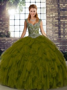 Latest Olive Green Ball Gowns Organza Straps Sleeveless Beading and Ruffles Floor Length Lace Up Vestidos de Quinceanera