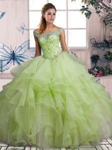 Amazing Floor Length Lace Up Quinceanera Gowns Yellow Green for Military Ball and Sweet 16 and Quinceanera with Beading 